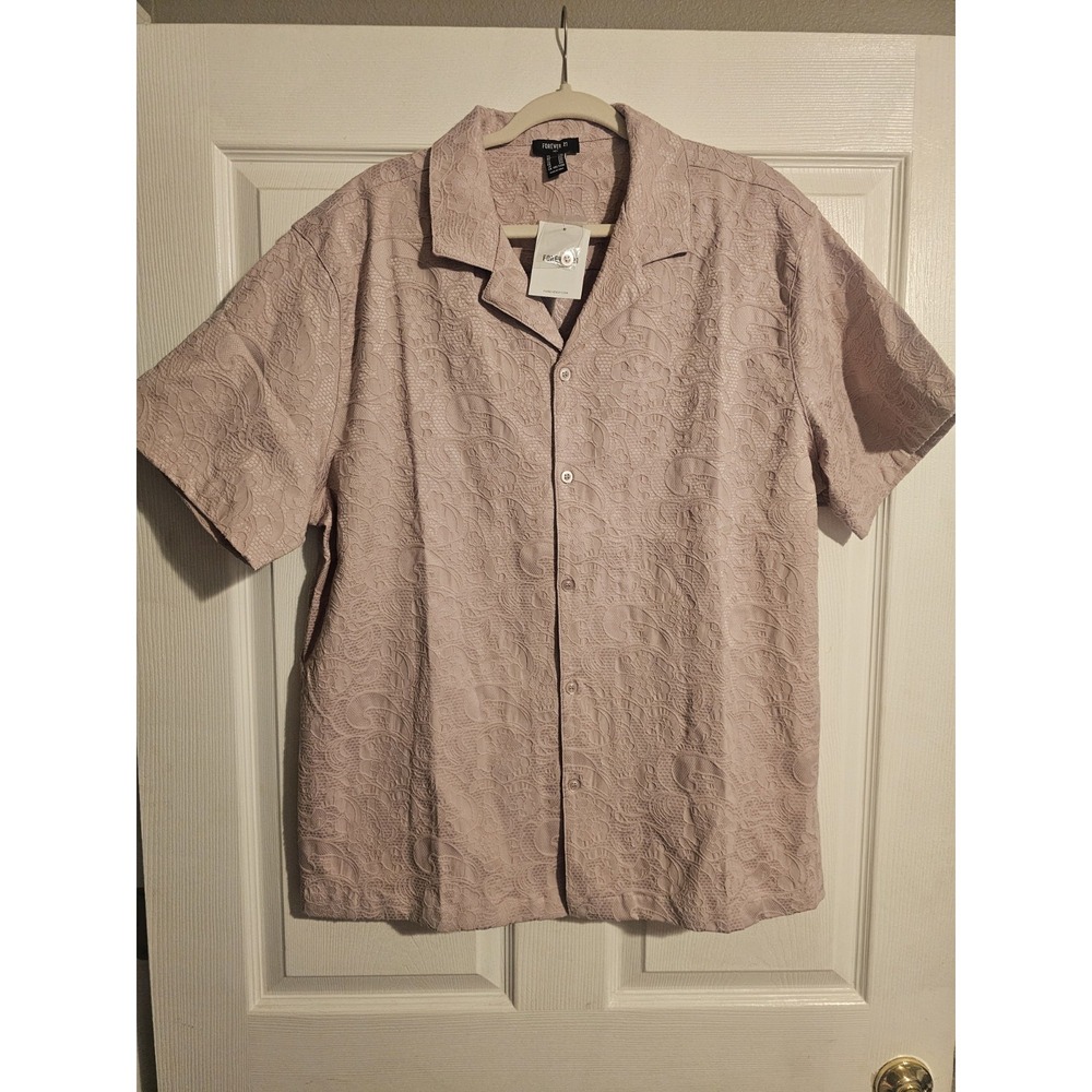 NWT Mens XXL Short Sleeve Button Up Shirt Cotton Lace Lilac Cuban Style Collar - Picture 3 of 16